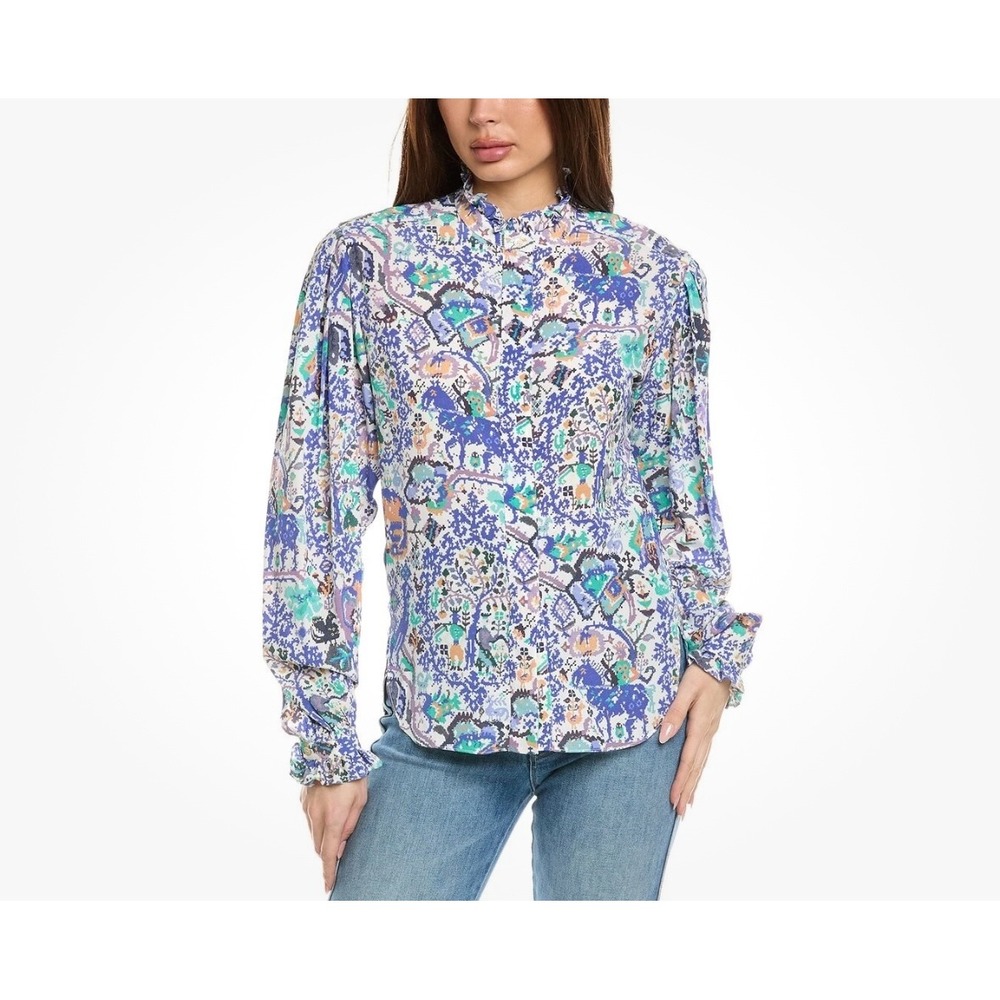 Isabel Marant Etoile Top Kiledia Button Up Women 8 Faded Night Blue Silk Cotton‎